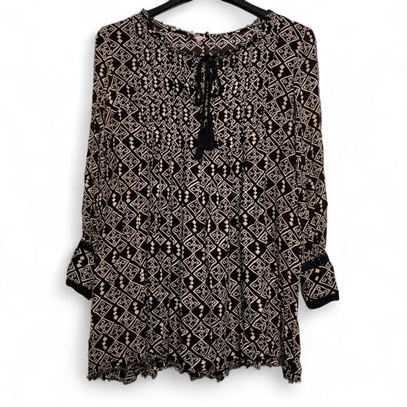 Free People Marlow Size XS Black Cream Boho Swing Dress Peasant Tunic Tie Neck - Picture 2 of 12